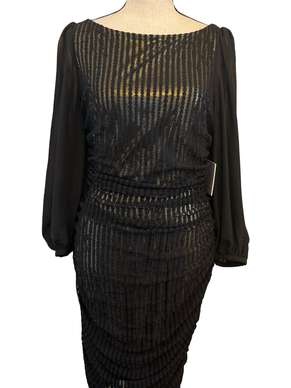 Marc New York Andrew Marc Black Gold Metallic Lace Ruched Cocktail Dress 10 NWT
